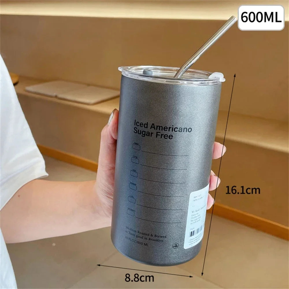 600ml Stainless Steel Insulated Thermos Cup with Straw grey by HitMyNeed