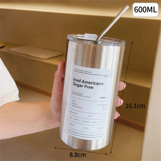 600ml Stainless Steel Insulated Thermos Cup with Straw white by HitMyNeed
