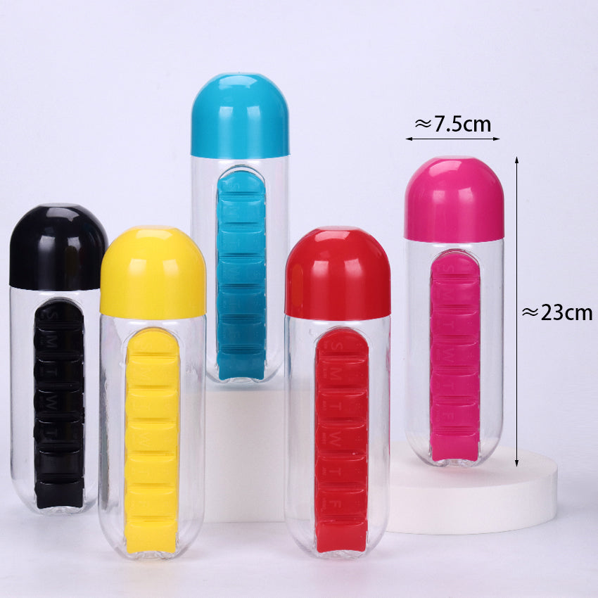 600ml Water Bottle with Weekly Pill Organizer by HitMyNeed
