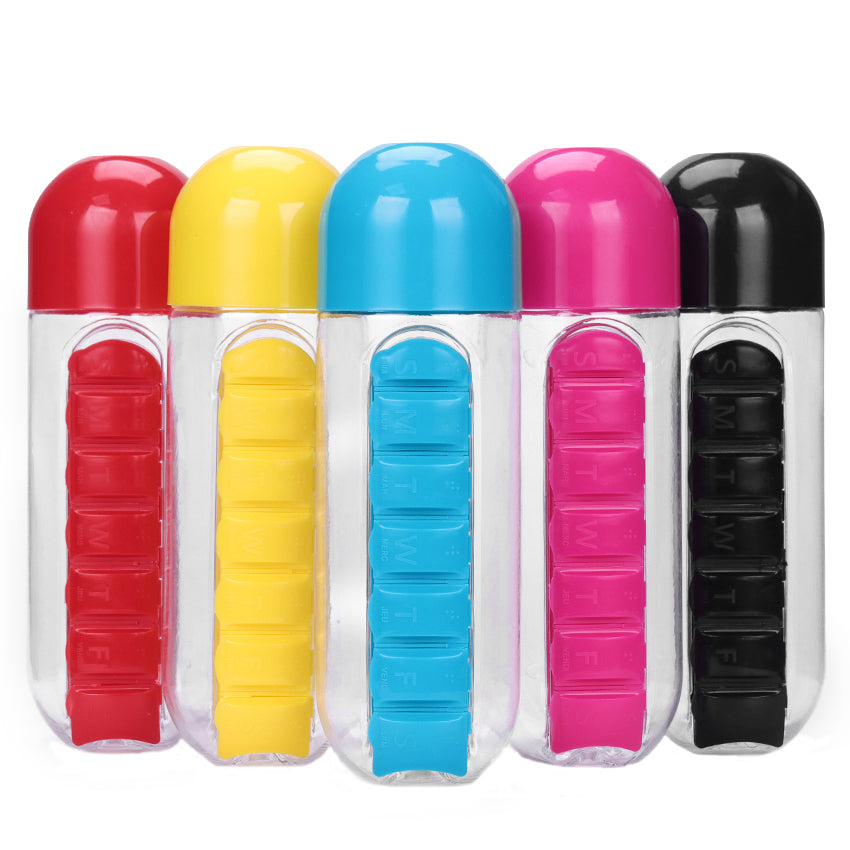 600ml Water Bottle with Weekly Pill Organizer by HitMyNeed