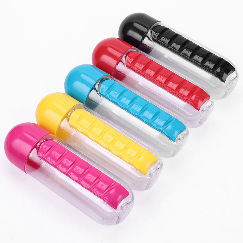 600ml Water Bottle with Weekly Pill Organizer by HitMyNeed