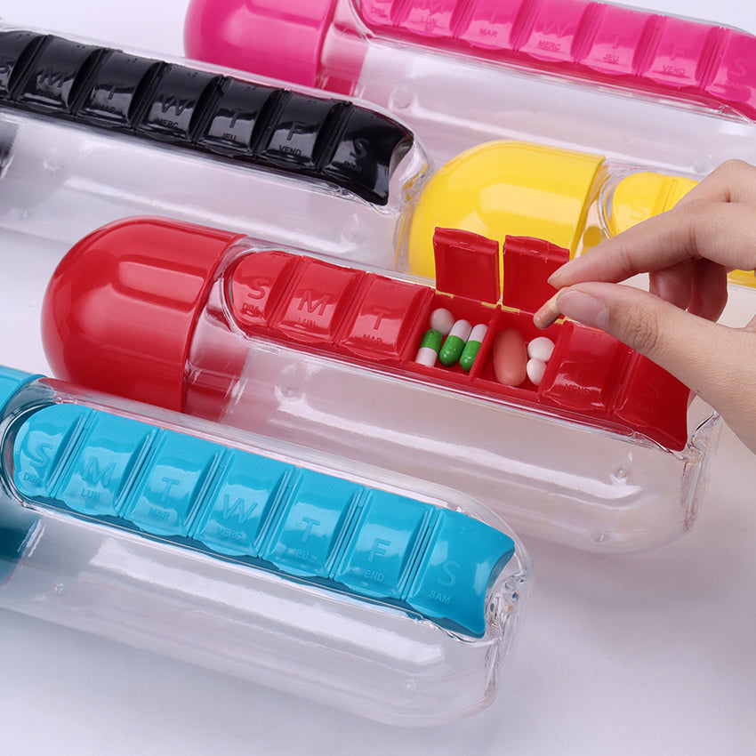600ml Water Bottle with Weekly Pill Organizer by HitMyNeed