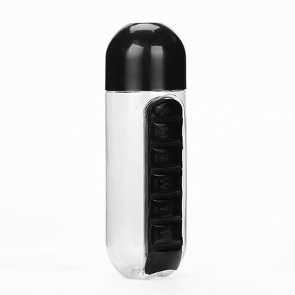 600ml Water Bottle with Weekly Pill Organizer black by HitMyNeed