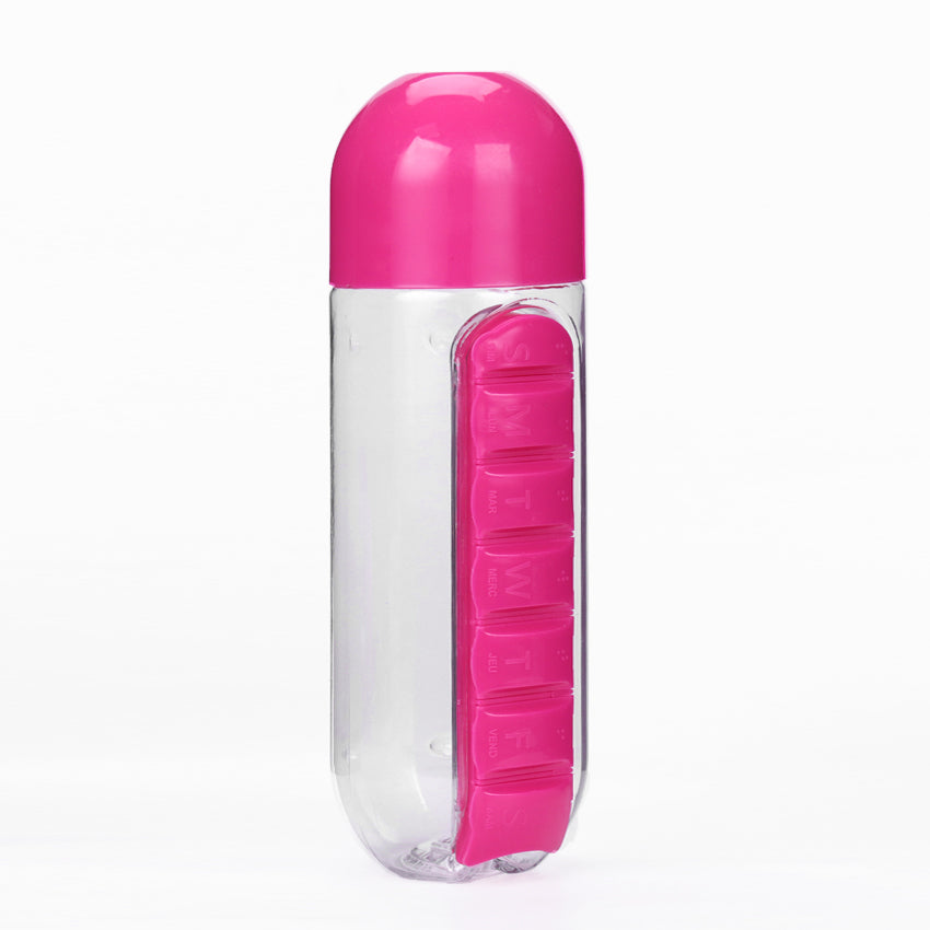 600ml Water Bottle with Weekly Pill Organizer rose-red by HitMyNeed
