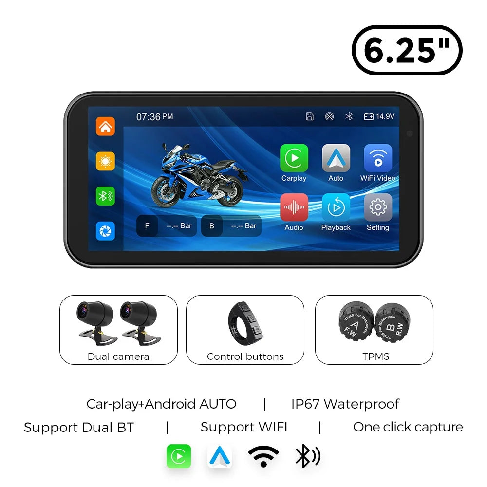 6.25" IP67 Motorcycle GPS with Wireless CarPlay & DVR by HitMyNeed
