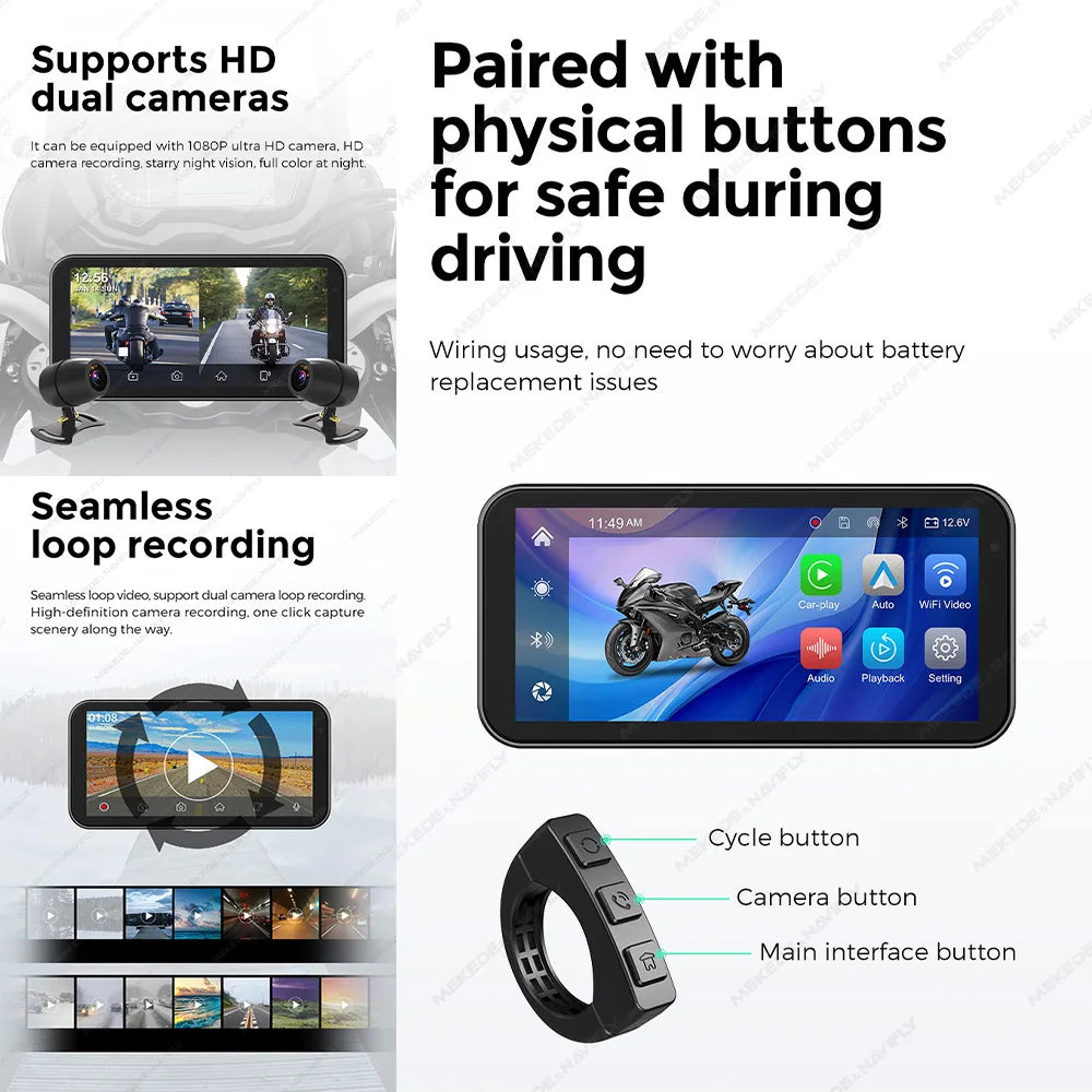 6.25" IP67 Motorcycle GPS with Wireless CarPlay & DVR by HitMyNeed