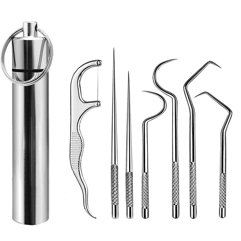 7pcs Reusable Stainless Steel Toothpick & Floss Set by HitMyNeed