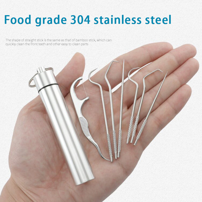 7pcs Reusable Stainless Steel Toothpick & Floss Set by HitMyNeed