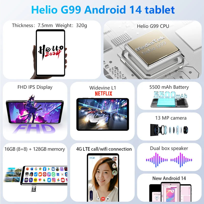 8.4" Android 14 Tablet, G99, 16GB RAM, 128GB UFS2.1 by HitMyNeed