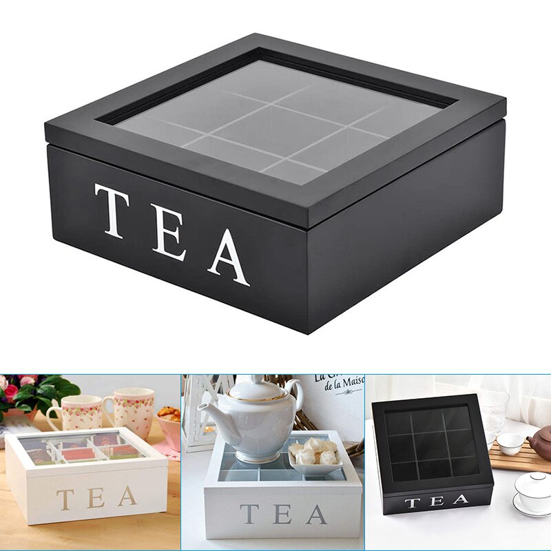 9-Grid Wooden Tea Box Organizer with Glass Lid by HitMyNeed