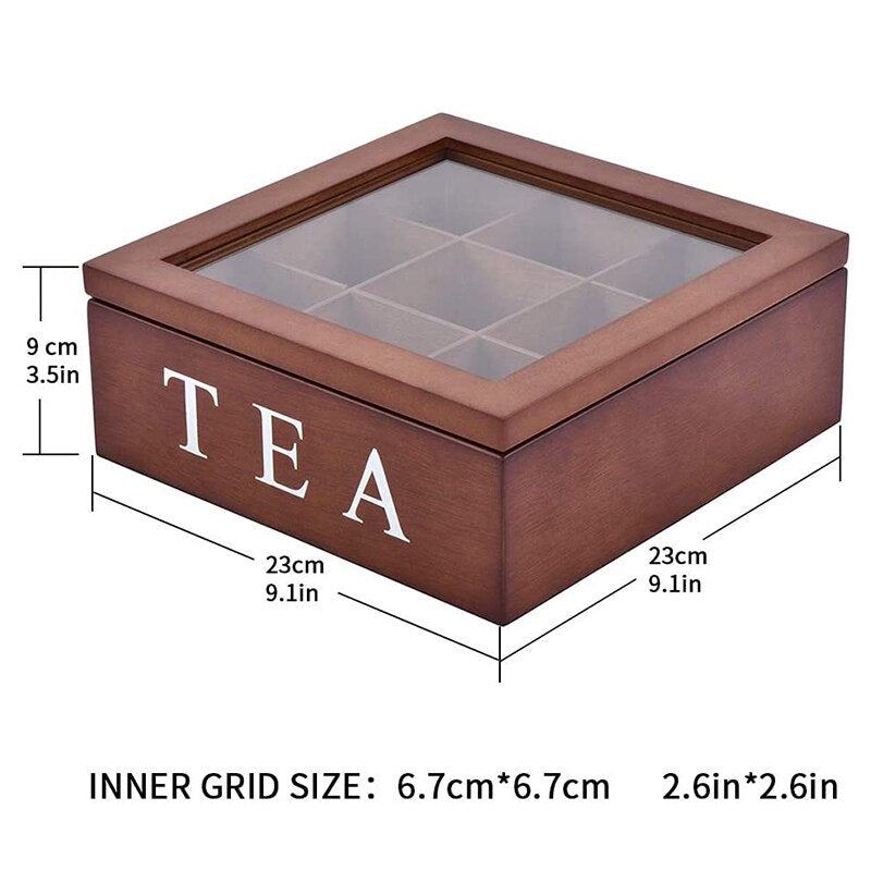 9-Grid Wooden Tea Box Organizer with Glass Lid by HitMyNeed