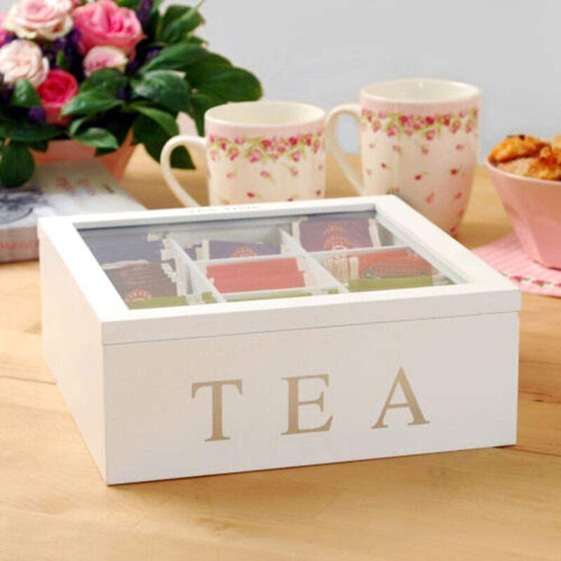 9-Grid Wooden Tea Box Organizer with Glass Lid by HitMyNeed