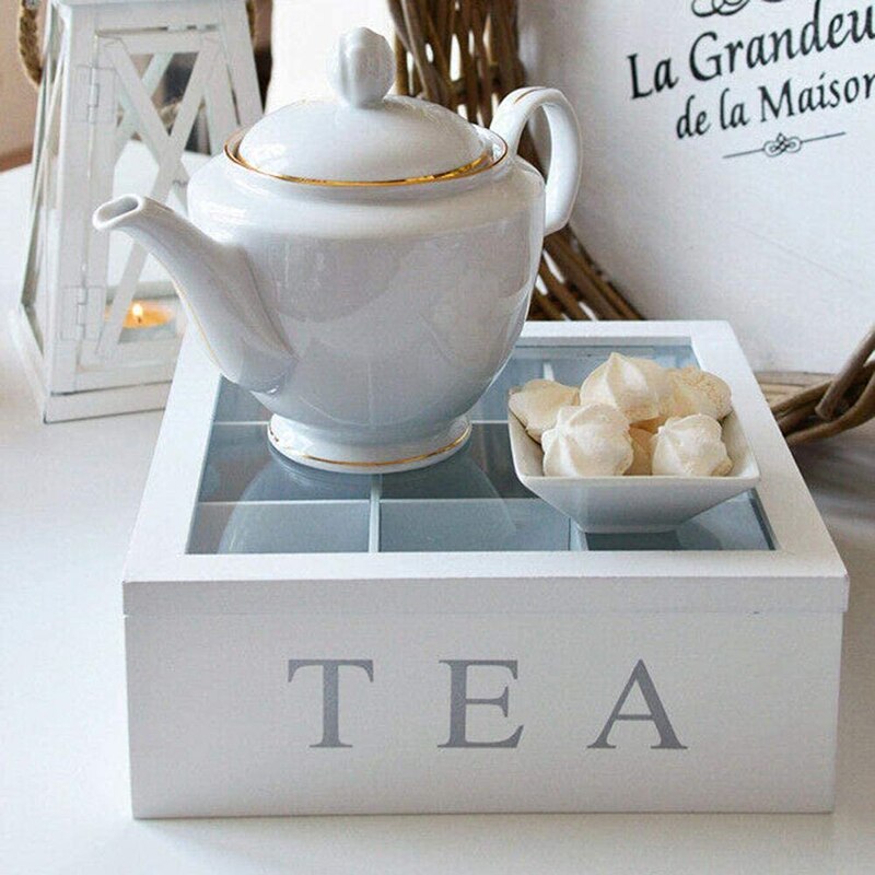 9-Grid Wooden Tea Box Organizer with Glass Lid by HitMyNeed