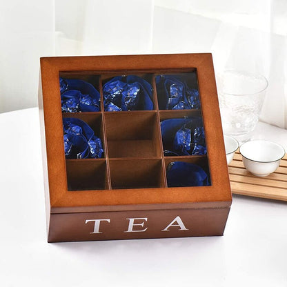 9-Grid Wooden Tea Box Organizer with Glass Lid by HitMyNeed