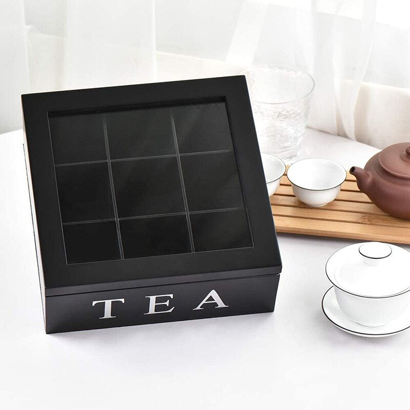 9-Grid Wooden Tea Box Organizer with Glass Lid by HitMyNeed