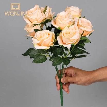 9-Head Artificial Silk Rose Bouquet 41cm champagne by HitMyNeed