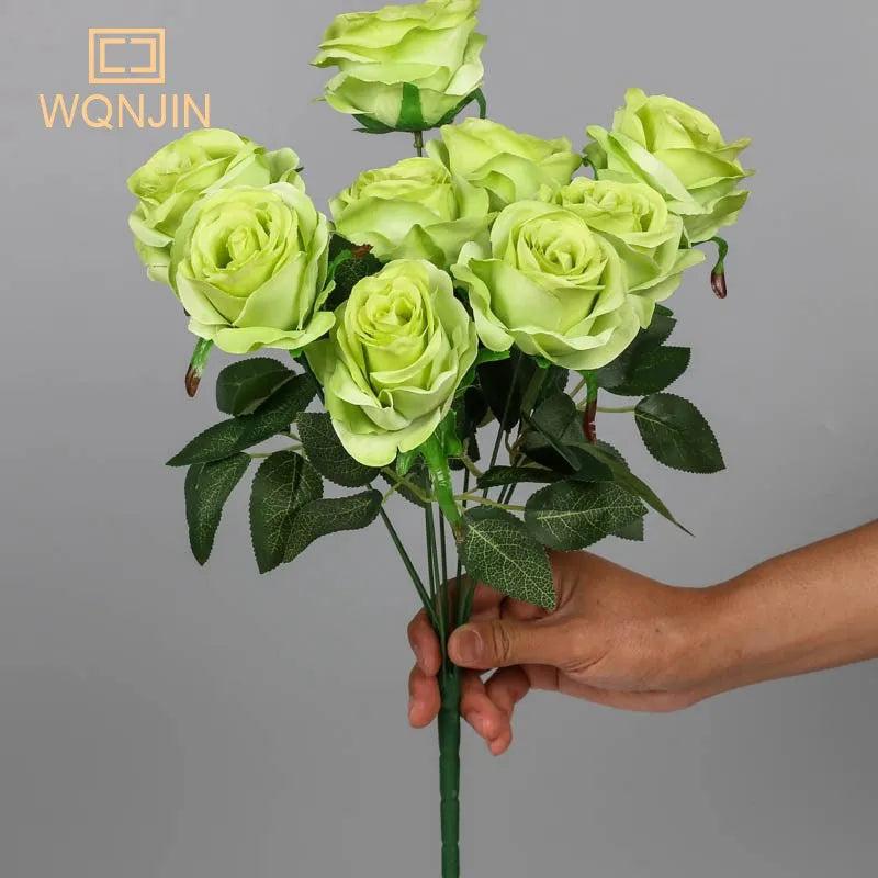 9-Head Artificial Silk Rose Bouquet 41cm green by HitMyNeed