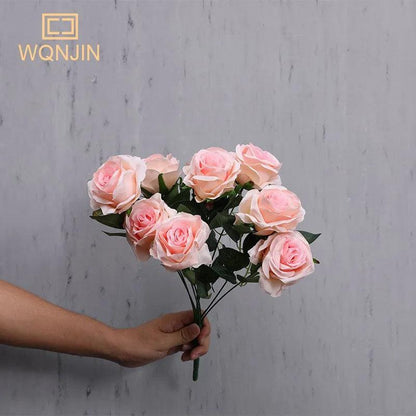 9-Head Artificial Silk Rose Bouquet 41cm light-pink by HitMyNeed