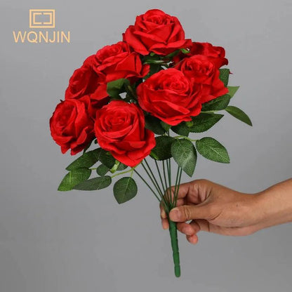 9-Head Artificial Silk Rose Bouquet 41cm red by HitMyNeed