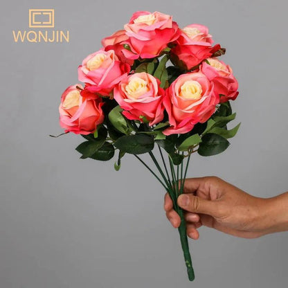 9-Head Artificial Silk Rose Bouquet 41cm rose-red by HitMyNeed