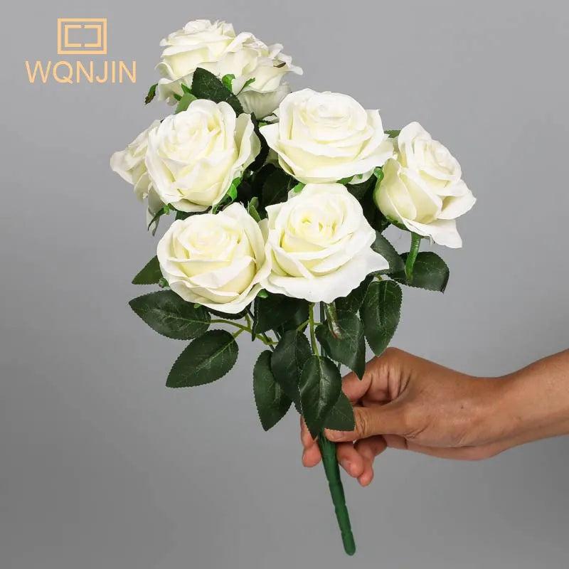 9-Head Artificial Silk Rose Bouquet 41cm white by HitMyNeed
