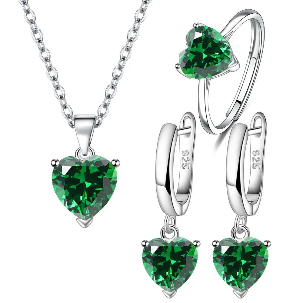 925 Sterling Silver Heart Zircon Jewelry Set green by HitMyNeed