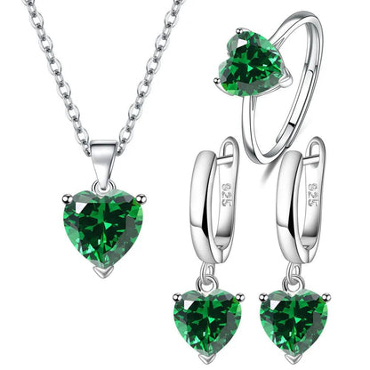925 Sterling Silver Heart Zircon Jewelry Set green by HitMyNeed