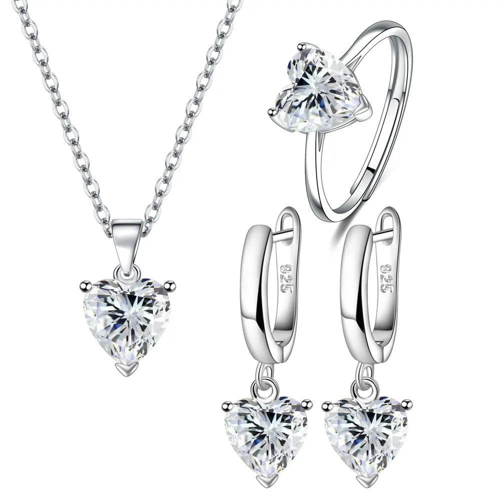 925 Sterling Silver Heart Zircon Jewelry Set white by HitMyNeed