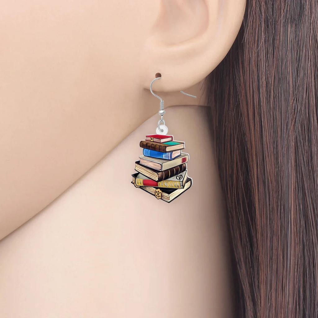 Acrylic Book Pile Dangle Earrings for Teachers & Students by HitMyNeed
