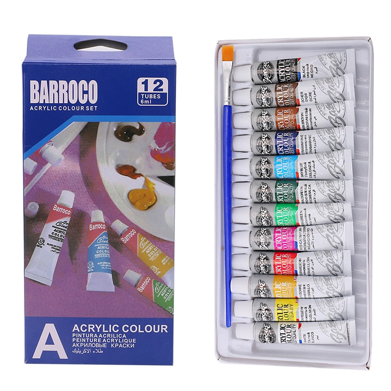 Acrylic Paint Set, 12 Colors with Brush, 6ml Tubes by HitMyNeed