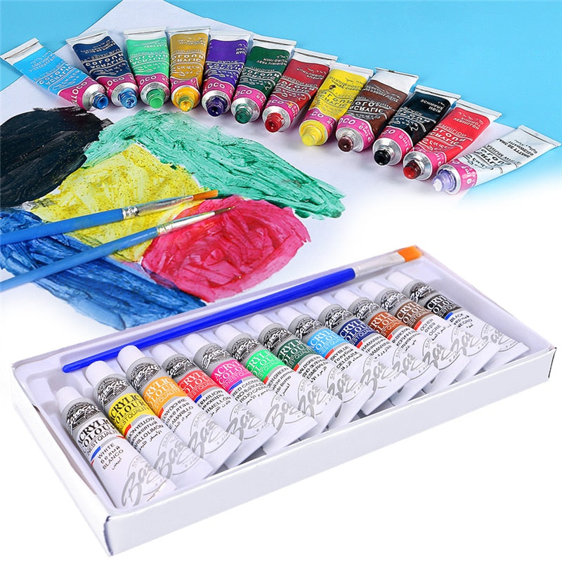 Acrylic Paint Set, 12 Colors with Brush, 6ml Tubes by HitMyNeed