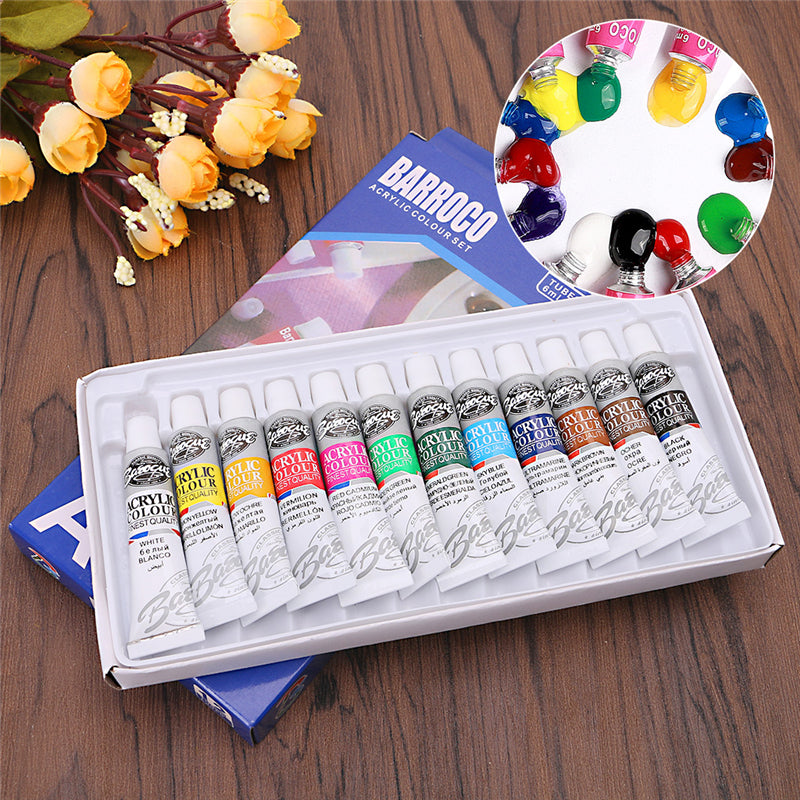 Acrylic Paint Set, 12 Colors with Brush, 6ml Tubes by HitMyNeed