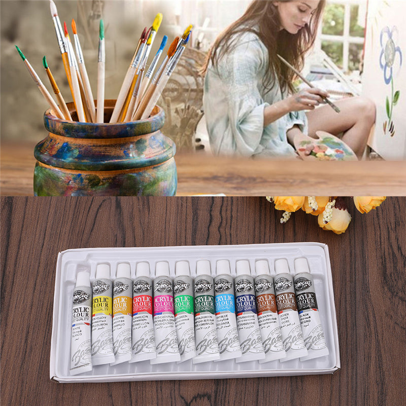 Acrylic Paint Set, 12 Colors with Brush, 6ml Tubes by HitMyNeed