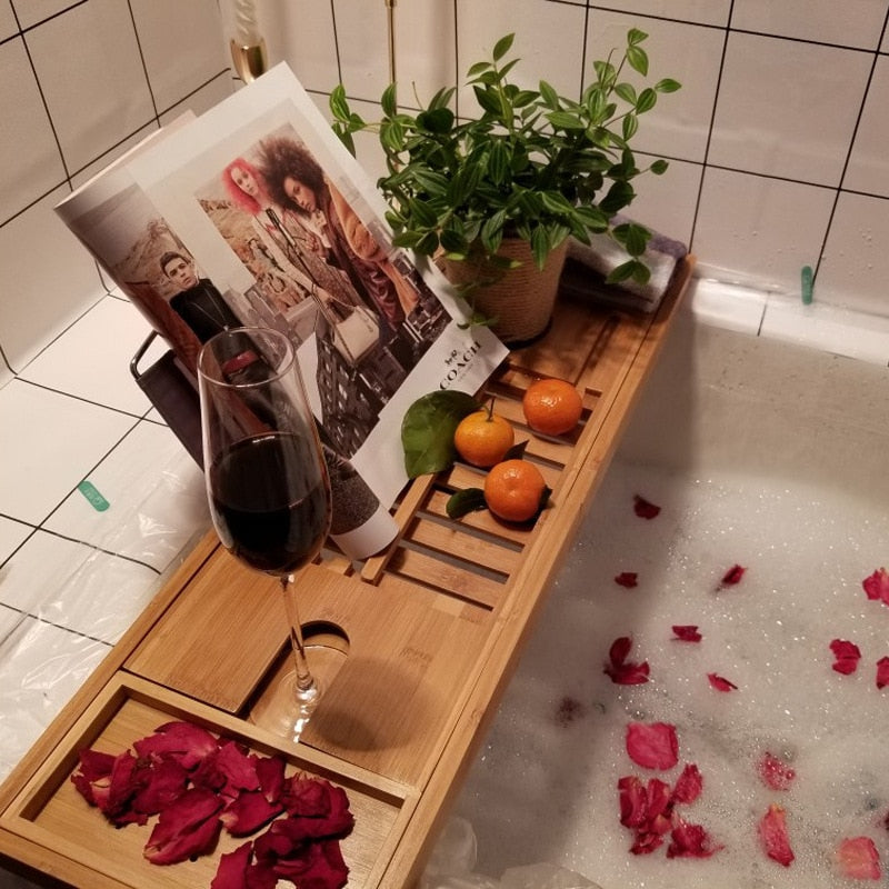 Adjustable Bamboo Bath Caddy Tray Organizer by HitMyNeed