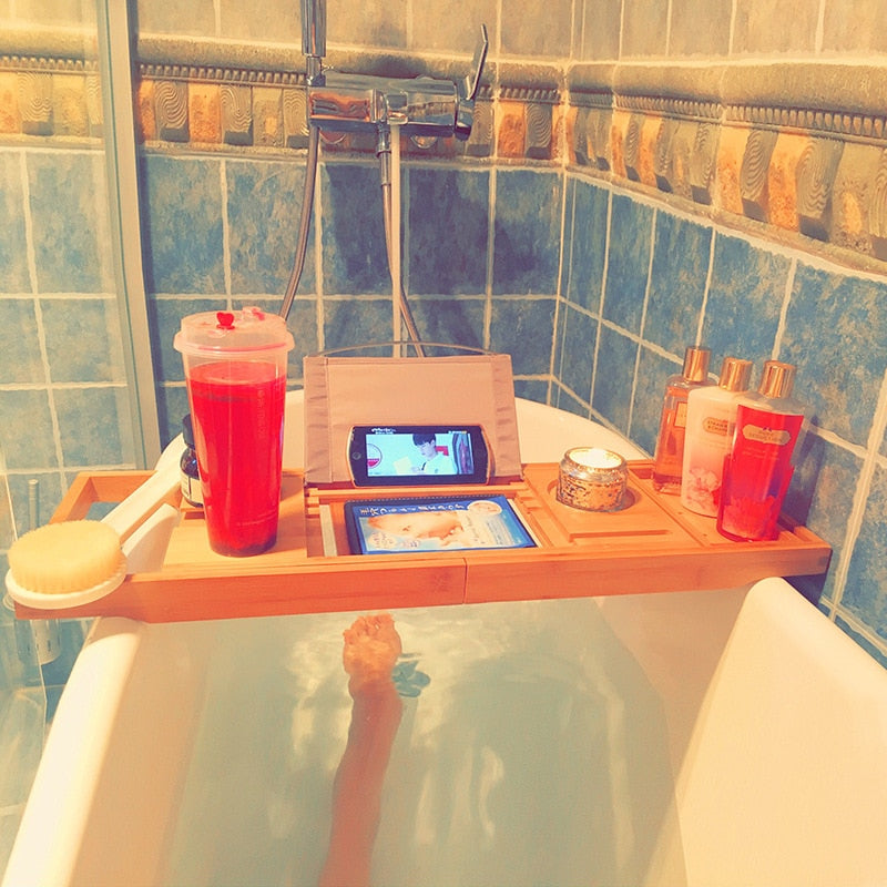 Adjustable Bamboo Bath Caddy Tray Organizer by HitMyNeed