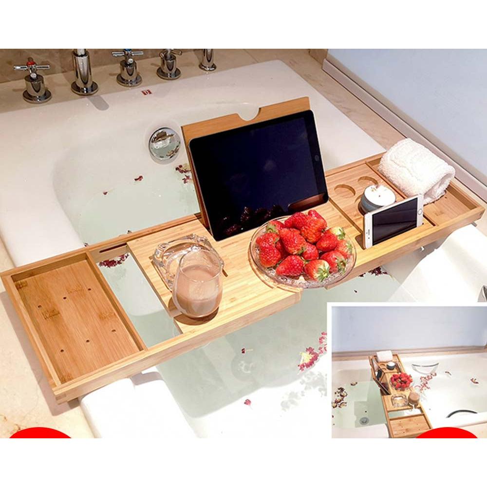 Adjustable Bamboo Bath Tub Caddy with Reading Rack by HitMyNeed