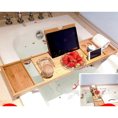 Adjustable Bamboo Bath Tub Caddy with Reading Rack by HitMyNeed