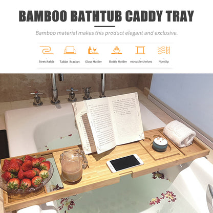 Adjustable Bamboo Bath Tub Caddy with Reading Rack by HitMyNeed