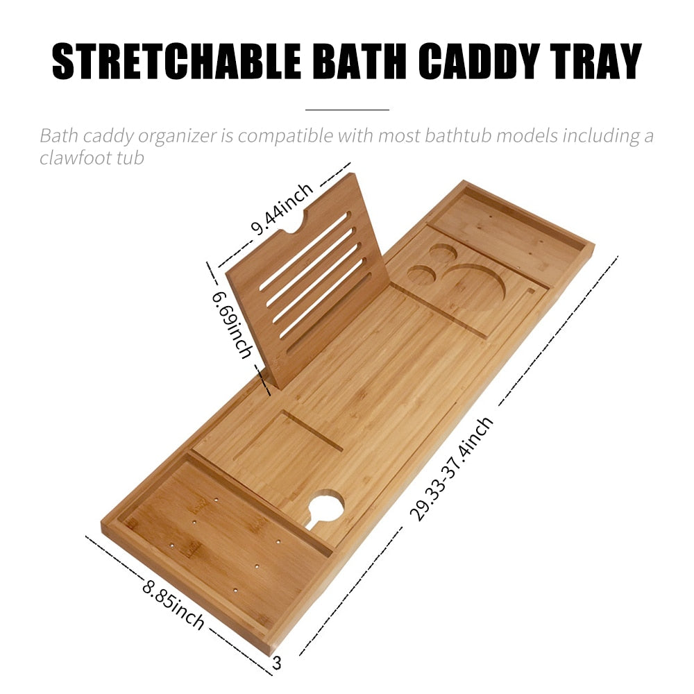 Adjustable Bamboo Bath Tub Caddy with Reading Rack by HitMyNeed