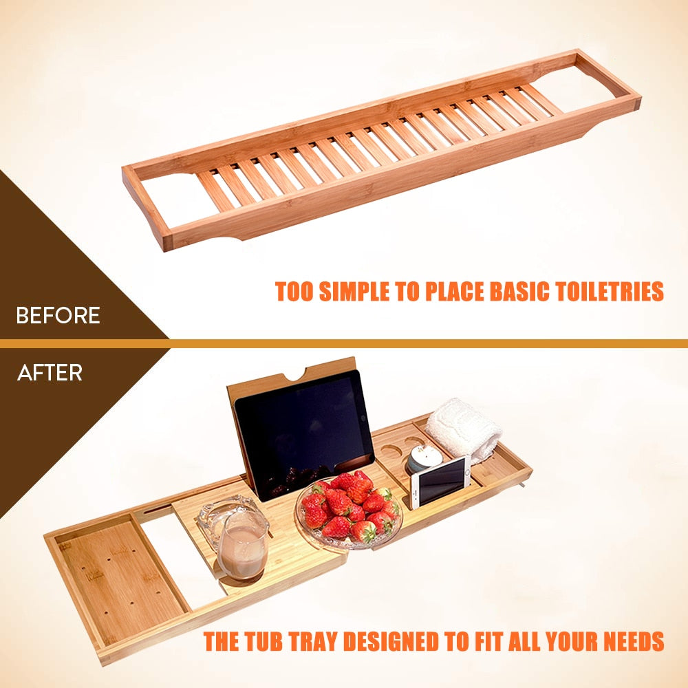 Adjustable Bamboo Bath Tub Caddy with Reading Rack by HitMyNeed
