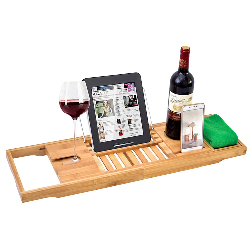 Adjustable Bamboo Bathtub Caddy Tray Shelf by HitMyNeed
