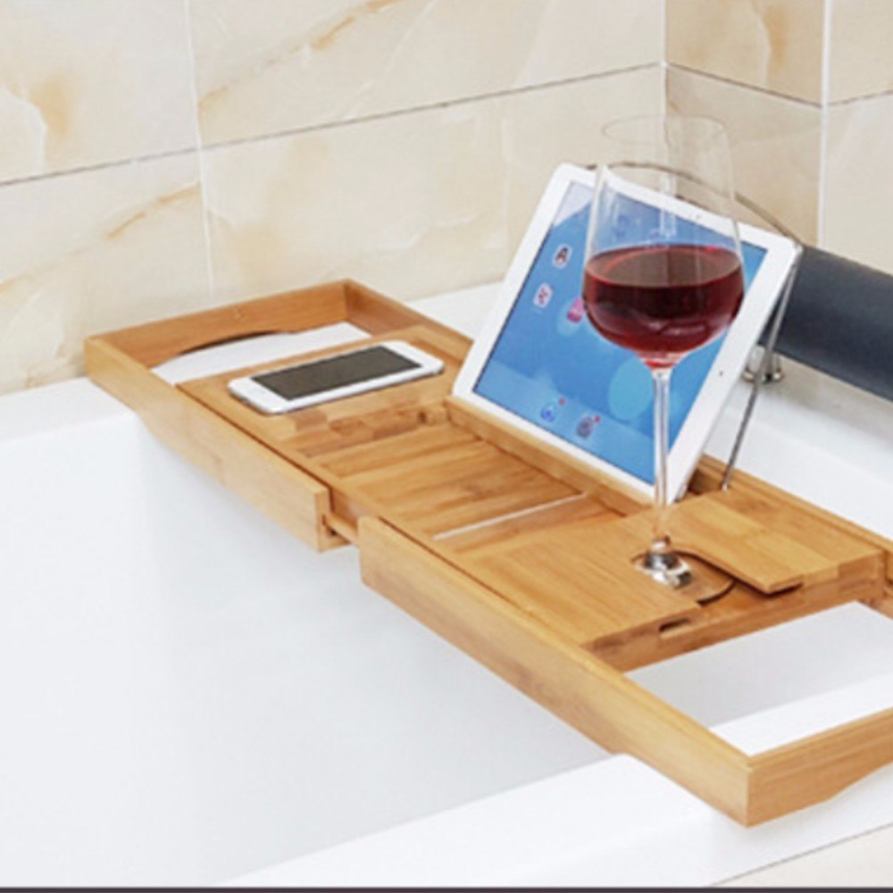 Adjustable Bamboo Bathtub Caddy Tray Shelf by HitMyNeed