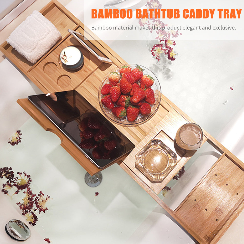 Adjustable Bamboo Bathtub Tray with Holders by HitMyNeed