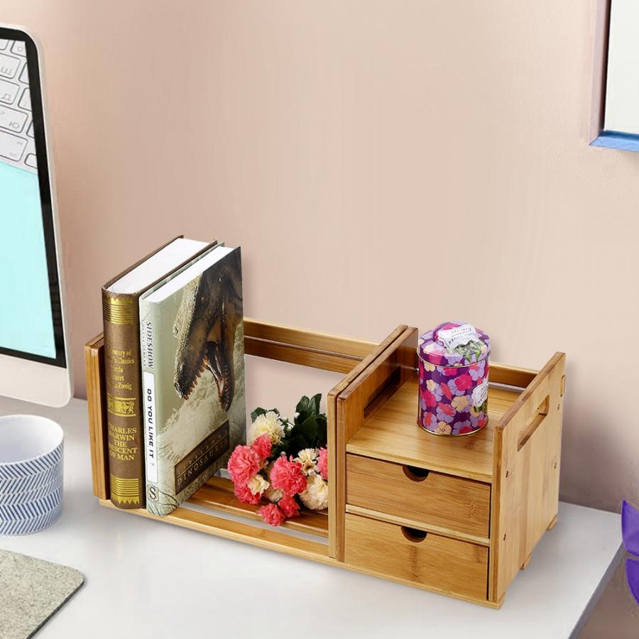 Adjustable Bamboo Desktop Bookshelf with Drawers by HitMyNeed