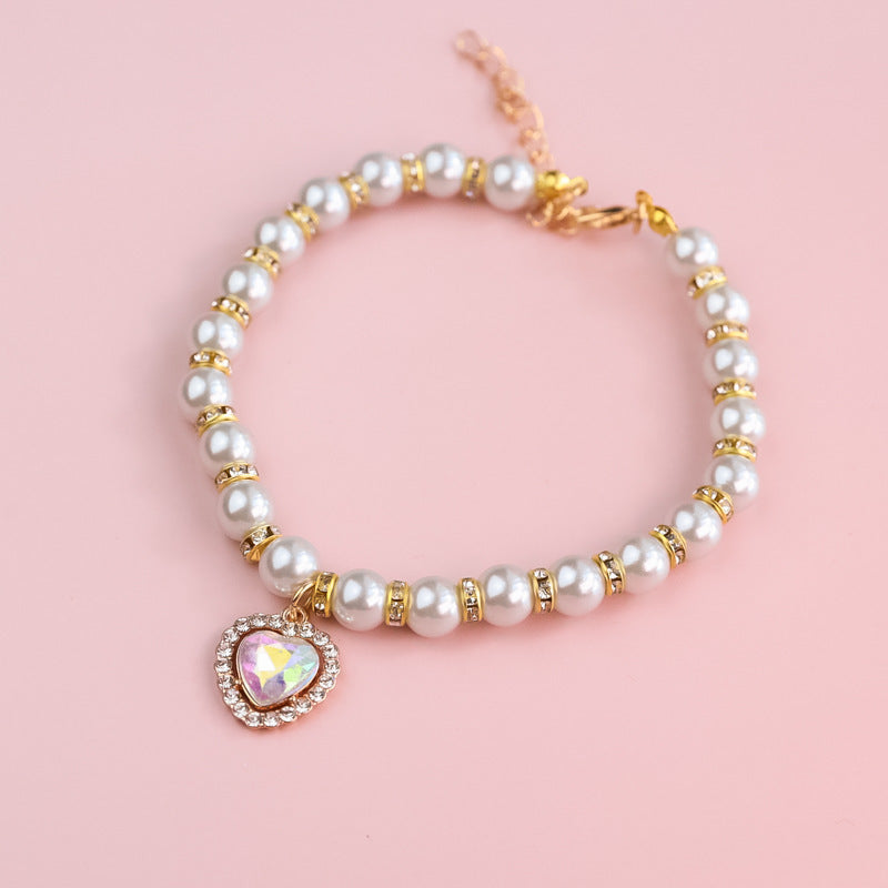 Adjustable Cat Pearl Collar with Rhinestones 10 xs-15-21cm by HitMyNeed