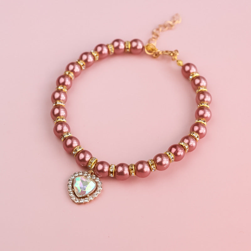 Adjustable Cat Pearl Collar with Rhinestones 12 xs-15-21cm by HitMyNeed
