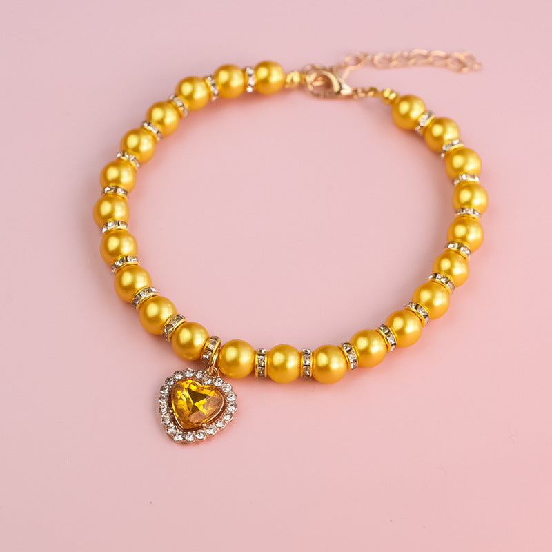 Adjustable Cat Pearl Collar with Rhinestones 2 xs-15-21cm by HitMyNeed
