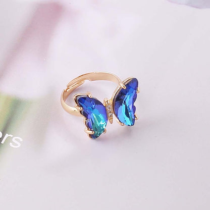 Adjustable Colorful Crystal Butterfly Ring dark-blue by HitMyNeed