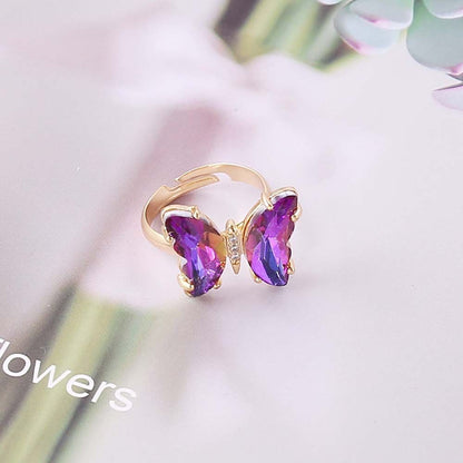 Adjustable Colorful Crystal Butterfly Ring dark-purple by HitMyNeed