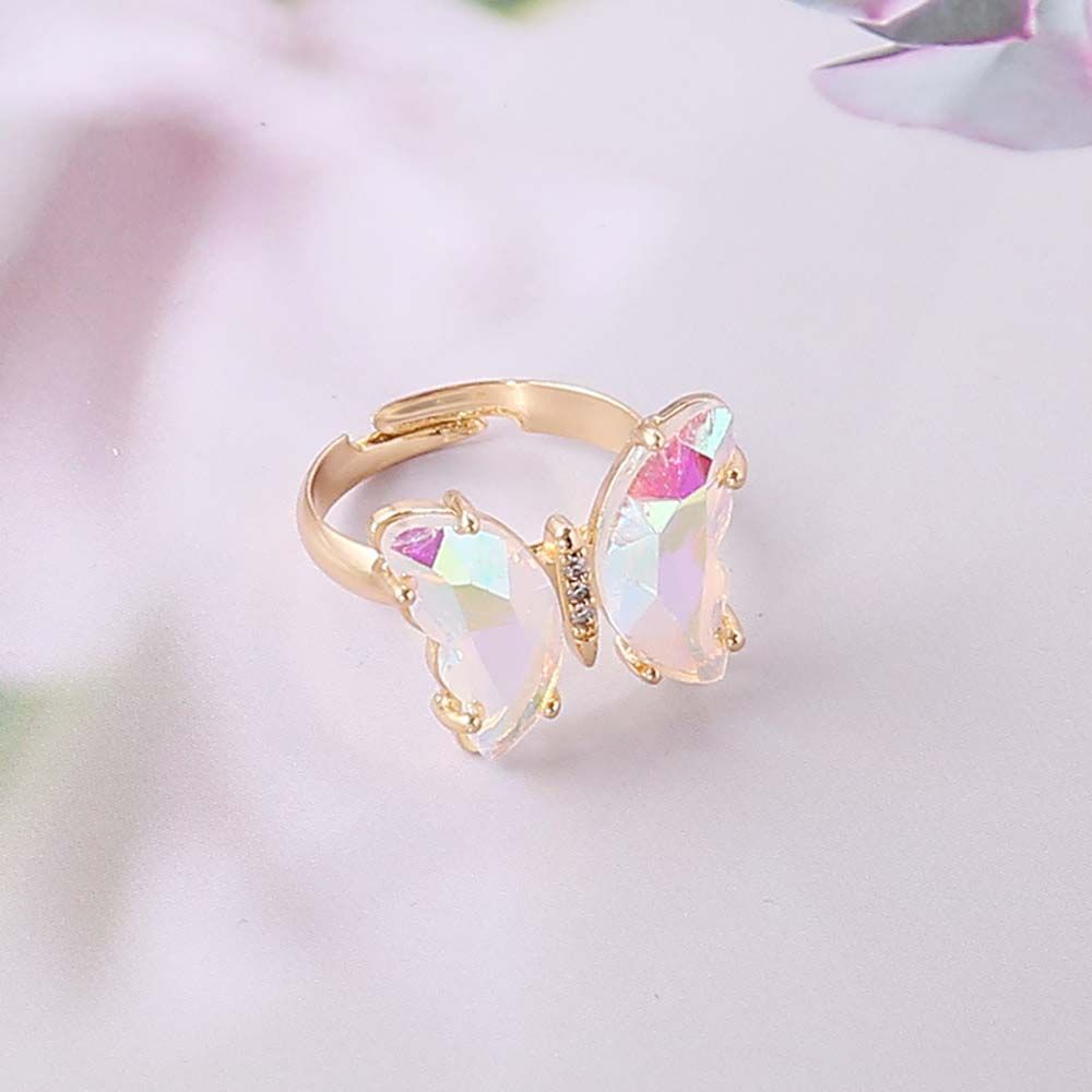 Adjustable Colorful Crystal Butterfly Ring white by HitMyNeed